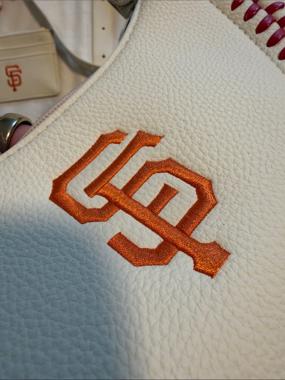 San Francisco Baseball Stitch Hobo Bag in Cream with Red Stitching - Picture 9 of 11